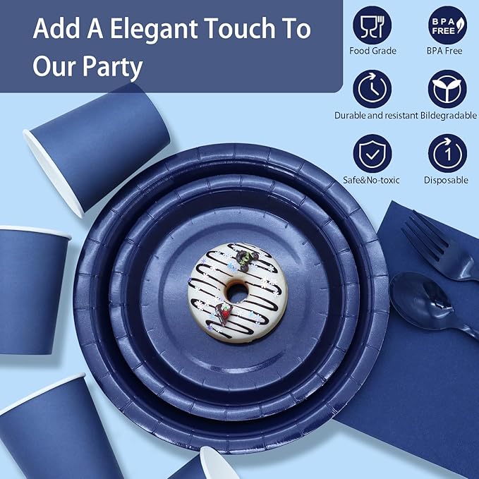 350Pcs Navy Blue Party Supplies for Navy Blue Party Decorations includes Paper Plates and Napkins Cups Utensils,Blue Disposable Plates Set for Boy Baptism Birthday Graduation Serve 50 Guests