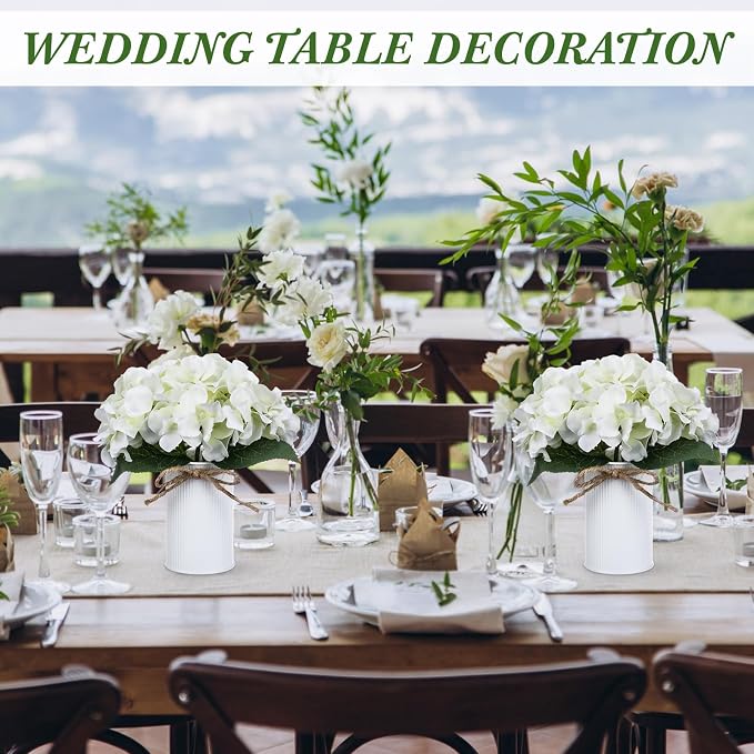 Zeyune White 12 Sets Wedding Flower Table Centerpieces Artificial Hydrangeas with Rustic Metal Vase Fake Hydrangea Flowers in Pot Floral Arrangement for Wedding Bridal Tea Party Table Home Decor