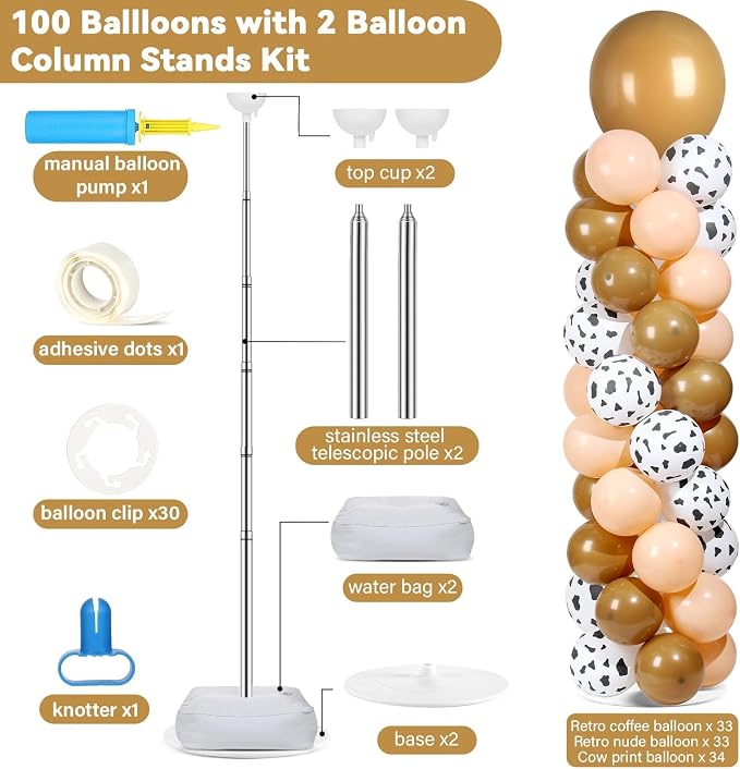 2 Sets Western Cowboy Brown Balloon Column Stand Kit with 102 Balloons Adjustable Balloon Tower Stand with Bases for Cow Print Floor Balloons Column Kit for Kids Boy Birthday Baby Shower Party Decor