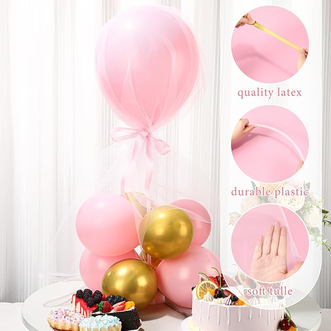 BBTO 8 Set Pink Gold Table Centerpieces Balloons Stand Kit, Latex Balloons and Table Stand Holder with Base Tulle for Wedding Birthday Grad Prom Centerpieces Party Back to School Baby Shower