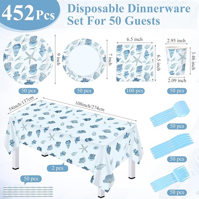 LemonRoad 452 Pcs Ocean Beach Seashell Party Decoration for 50, Coastal Seashell Paper Plates Napkins Cup Tablecloth Cutlery Straw Under The Sea Tableware for Summer Birthday Bachelorette Party Supply
