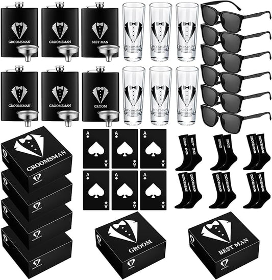 Leumoi 36 Pcs Groomsmen Gifts Box Set Groomsmen Box Stainless Steel Flask Shot Glasses Beer Bottle Poker Card Opener Sunglasses Socks Proposal Gift for Wedding Party