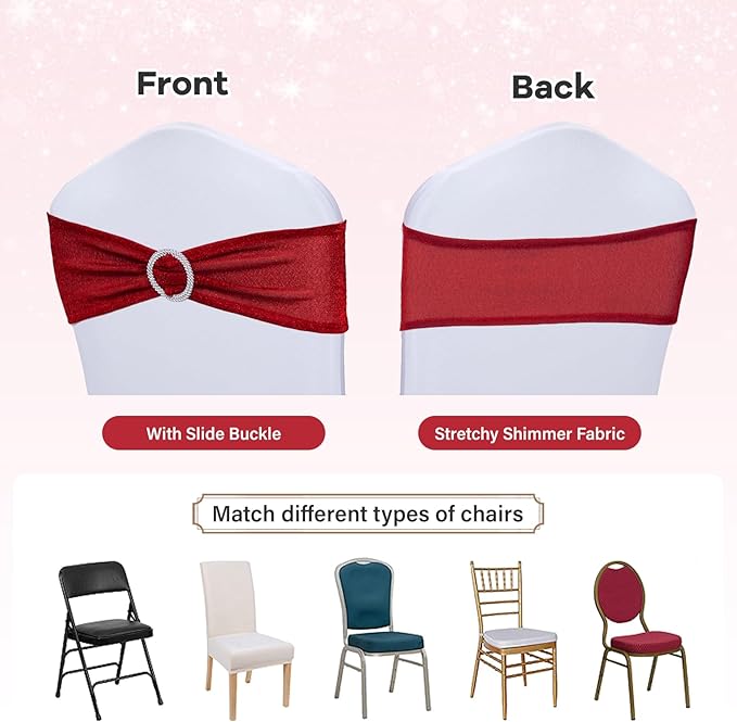 SquarePie Pack of 10 Red Chair Sashes Bows with Buckle Slider Universal Elastic Spandex Bands Ties for Banquet Event Decor