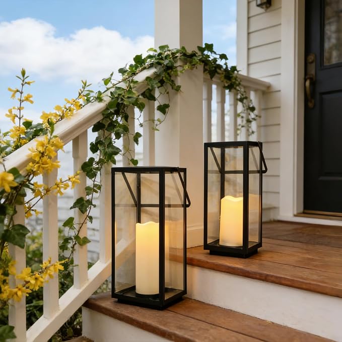 Lantern Decorative Outdoor & Indoor, 14.3'' & 11''H Metal Candle Lanterns Decor, Vintage Hanging Candle Holder for Front Porch Patio Wedding Farmhouse Home, Spring Decoration