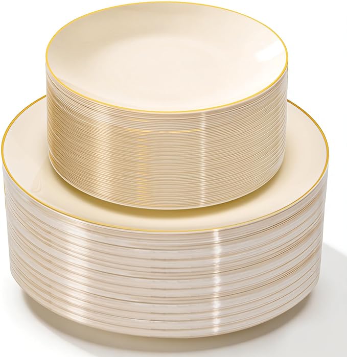 Lullaby 100PCS Ivory and Gold Plastic Plates, Disposable Ivory Plastic Plate with Gold Rim, 50PCS Dessert Plates 7" and 50PCS Dinner Plates 10", Perfect for Party Wedding and Daily Use