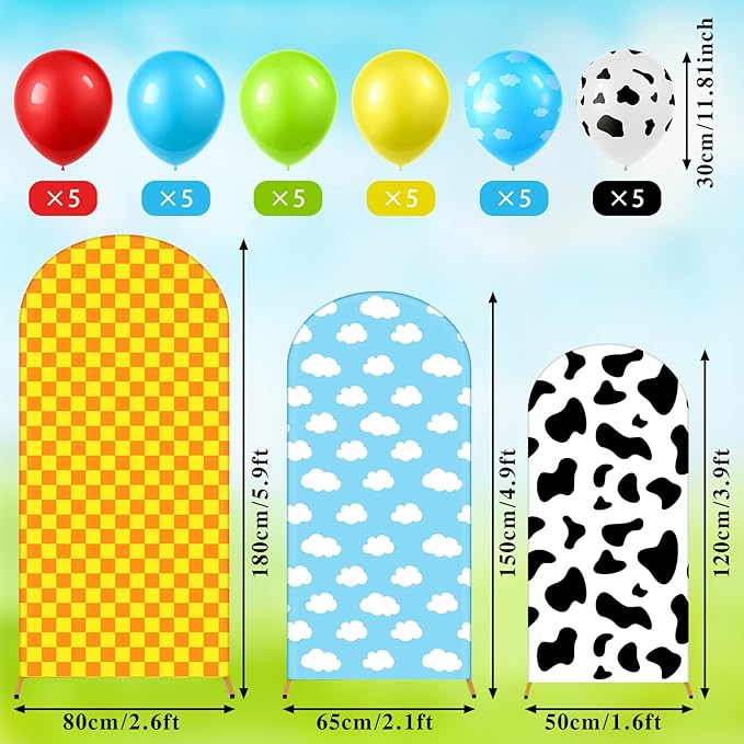 Foilswirl 34 Pieces Toy Themed Birthday Party Decorations Arch Backdrop Covers 4ft 5ft 6ft Spandex Arch Backdrop Cover Cow Blue Sky Cloud Print Balloons Inspired Birthday Cartoon Themed Party Decor