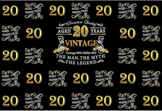 OERJU 12x10ft Happy 20th Birthday Backdrop for The Man The Myth The Legend Birthday Party Background Banner Black Gold Photography Photo Aged 20 Years Twenty Birthday Back Drops Vinyl Studio Props