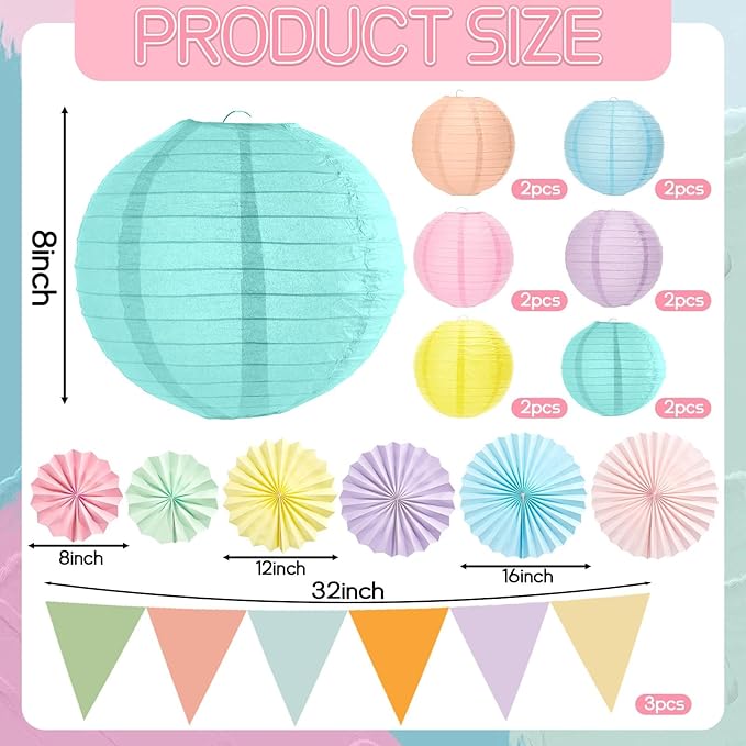 21Pcs Pastel Classroom Decor Colorful Pastel Hanging Paper Lanterns Paper Fans Triangle Flags Banners Set Round Lantern for Back to School Ceiling Supplies Home Indoor Birthday Party Ceremonial Event