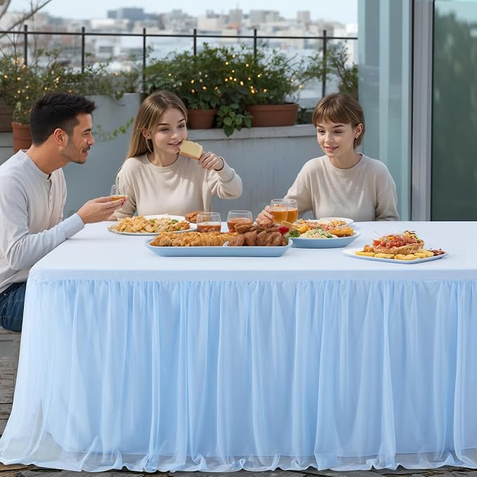 2 Pack Baby Blue Tulle Tablecloth Skirt for 6 Foot Rectangle Tables - Baby Shower Blue Table Covers with Ruffle Tutu Style, Stretch Fitted for Wedding Birthday Parties Reception