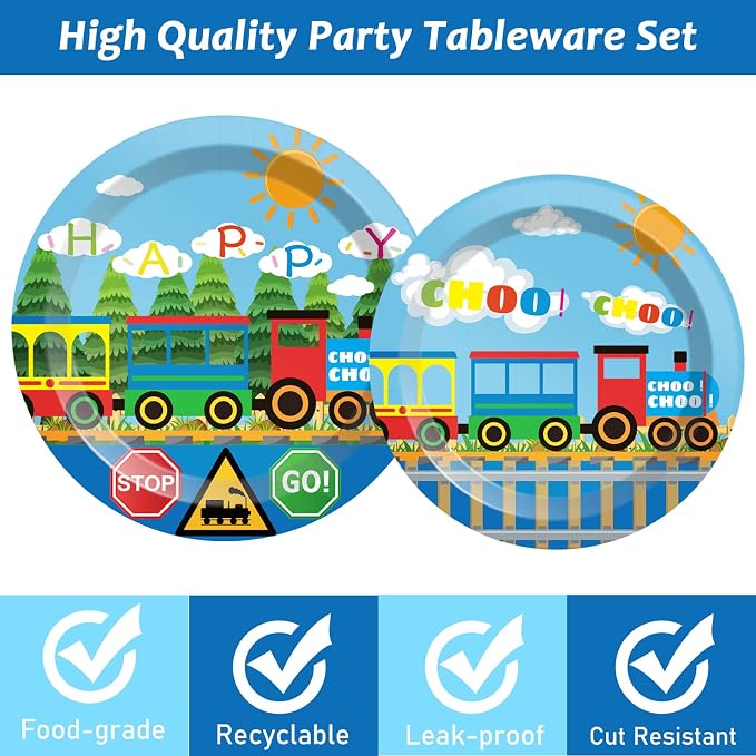 200Pcs Train Party Plates and Napkins Train Birthday Party Supplies Transportation Disposable Paper Decoration for Kids Birthday With Dinner Plates Dessert Plates Napkins Plastic Forks, Serves 50