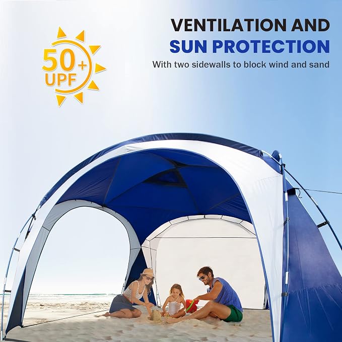 UNICAMPER Beach Tent 12 X 12ft Large UPF50+ Pop Up Canopy with 2-Pcs Side Wall, Sun Shelter Rainproof, Waterproof for Camping Trips, Backyard Fun, Fishing, Parties, Or Picnics(Navy Blue)