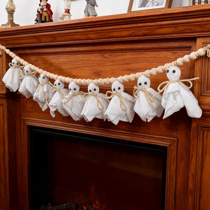 8.5Ft Halloween Ghost Garland with Wooden Beads, Handmade Ghost Banner for Spooky & Cozy Home, Indoor Halloween Decor for Fireplace, Doorways & Outdoor Party