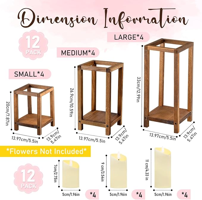 Sliner 24 Pcs Wedding Lantern Centerpiece Set Include 12 Rustic Wooden Candle Lantern 12 Flameless LED Candle for Wedding Party Baby Shower Table Fireplace Farmhouse Home Decoration(Brown)