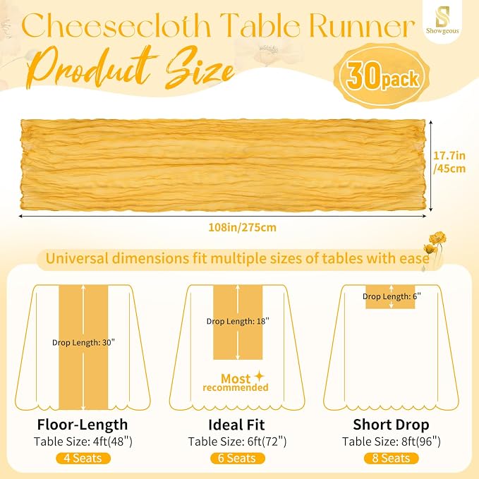 30 Pack Gold Cheesecloth Table Runner 17 x 108 inch Boho Gauze Table Runner Rustic Sheer Cheese Cloth Table Decorations for Wedding Party Baby Bridal Shower Birthday Holiday Home