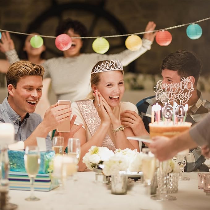 60th Birthday Decorations for Women, Include 60th Birthday Sash and Tiara, Cake Topper and Candles, Number Balloons, 60 Year Old Gifts Women