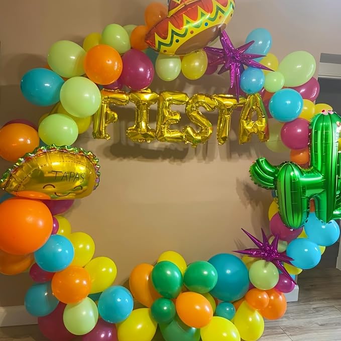 Fiesta Balloon Arch Kit, 100pcs Mexican Fiesta Party Decorations with Llama Sombrero Foil Balloons, Rainbow Balloon Garland for Cinco De Mayo Taco Twosday Birthday Carnival Party Decor Supplies
