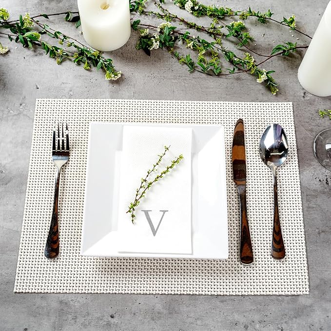 Luxenap 15.8 X 7.9 Inch Linen-Feel Guest Towels, 2000 Lettered Hand Towels - Silver Letter 'V', Sans Serif Font, White Paper Dinner Napkins, airlaid, For Restrooms And Tables - Restaurantware