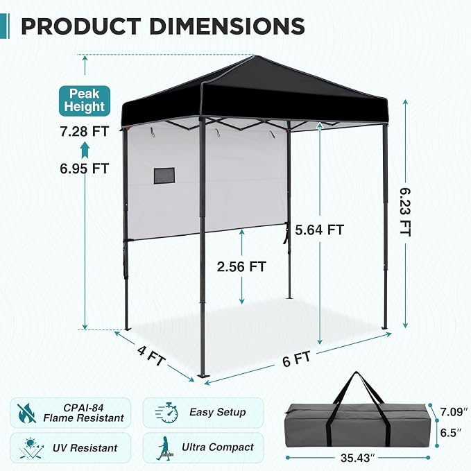 EAGLE PEAK 6x4 Instant Pop Up Canopy Tent with 1 Half Wall Panel, Straight Leg Sun Shelter, Portable Canopy with Carry Bag for Camping, Beach & Sports, Black