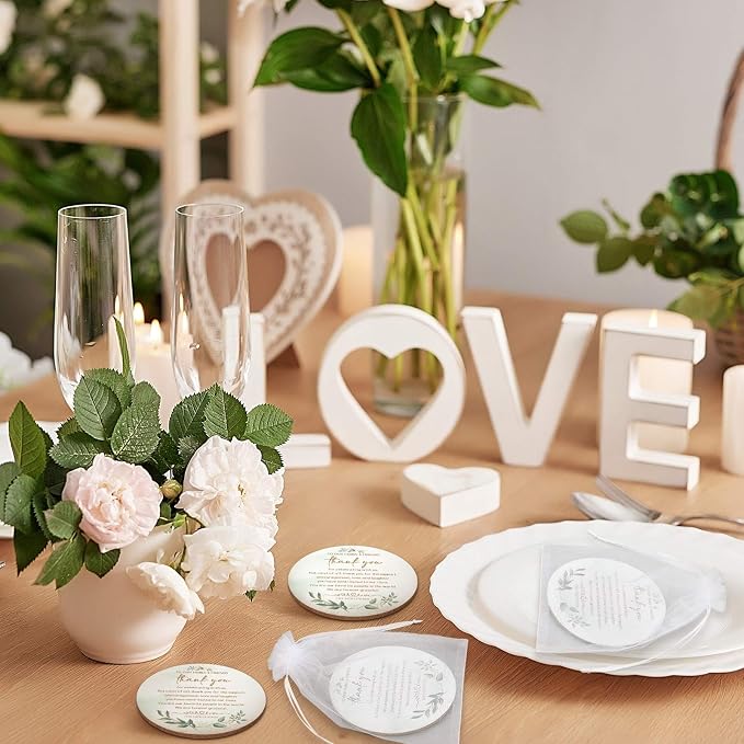 Hushee 200 Pcs Wedding Favors for Guests Bulk Cork Coasters Eucalyptus Leaves Bridal Shower Thank You Gifts Wedding Souvenirs for Guests Thank You for Celebrating with Us Natural Wooden Coasters