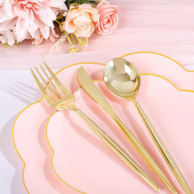 ejonirinjonir EI 180pcs Pink Plastic Plates with Gold Plastic Silverware,Party Plates Disposable,Pink Dinnerware Set for Afternoon Tea,Wedding,Birthday,Easter,Spring,Mother's Day,Valentine's Day