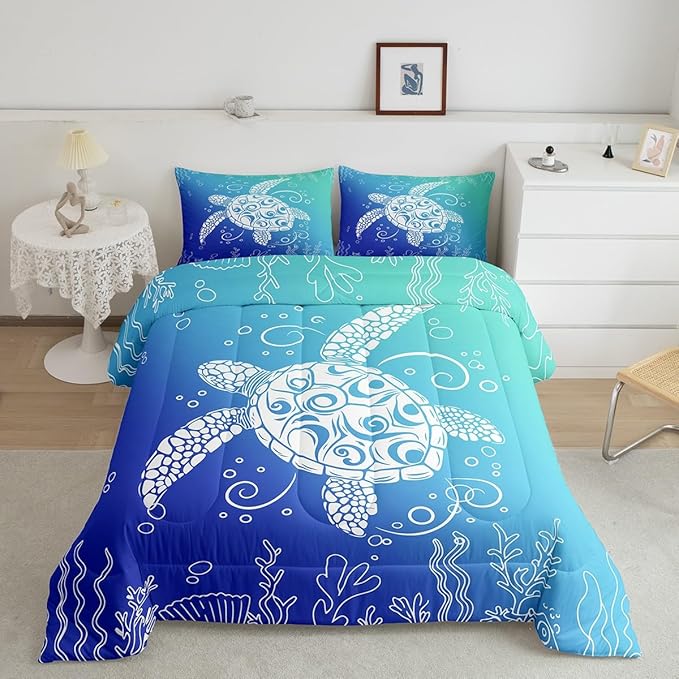 Feelyou Sea Turtle Comforter Set King Size Kids Ombre Art Comforter for Boys Girls Teens Marine Themed Bedding Set Underwater Animal Duvet Set Ocean Creature Quilt