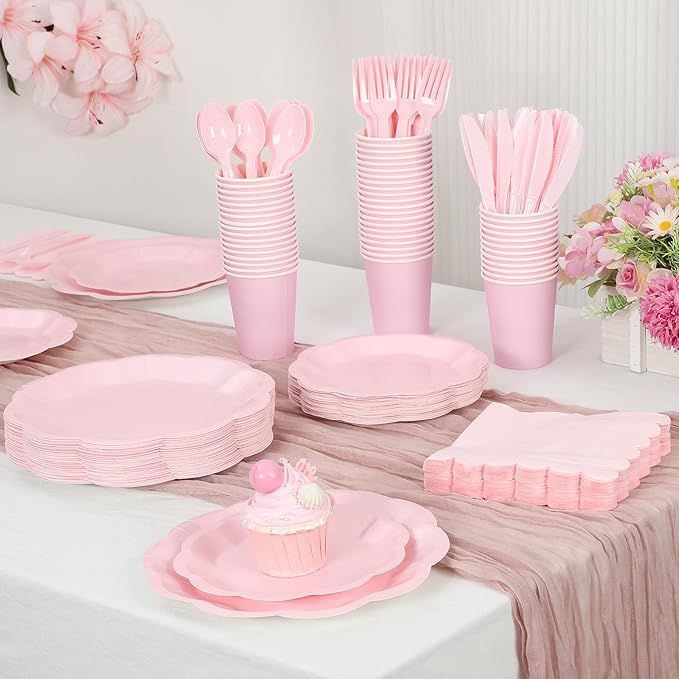 NatNarr 350 Pcs Pink Paper Plates and Napkins Set Include 9" Mothers Day Plates, 7" Dessert Plate Disposable Scalloped Tableware Serve 50 Guest for Wedding Baby Bridal Shower Birthday