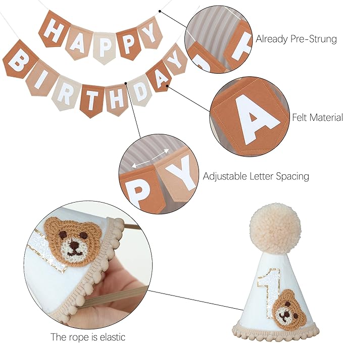 DCJHFJ Bear First Brown Felt Happy Birthday High Chair Banner Pre-strung Birthday Hanging Decoration with Birthday Hat One Cake Topper for 1st Birthday Party Decor