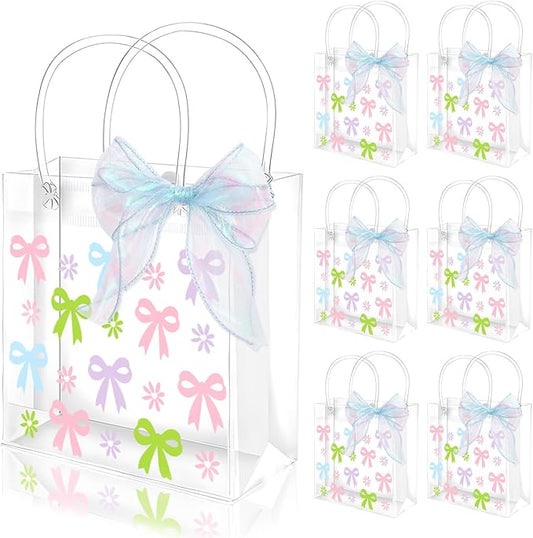 Whaline 12 Pcs Spring Easter Pastel Bow Clear PVC Gift Bags with Handle Ribbon Colorful Coquette Bowknot Daisy Flower Party Favor Bags Treat Candy Goodie Bag for Wedding Birthday Party Decor