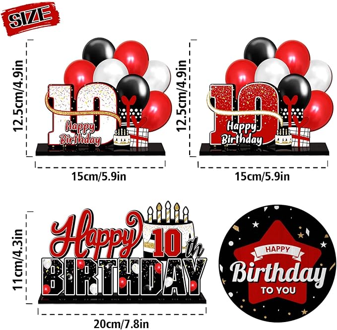 LINGTEER Happy 10th Birthday Red Acrylic Table Topper Centerpieces Set - Cheers to Ten Years Old Birthday 10th Bday Party Gift Decorations.