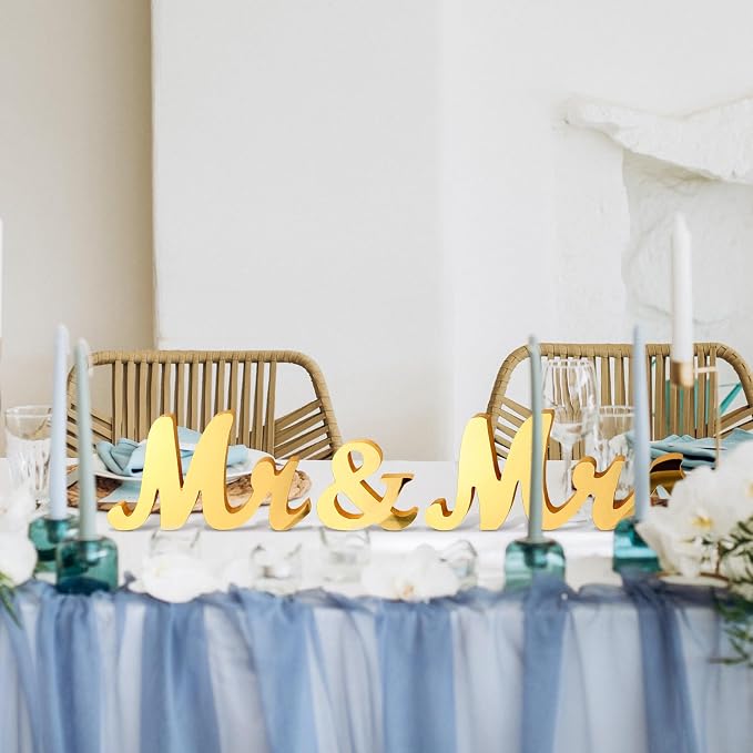 Yuntau Mr & Mrs Table Sign with Acrylic Mirror Wooden Freestanding Letters Sweetheart Table Decorations & Photo Props for Wedding Anniversary Parties Photo Props, Rustic Shower Gift(Gold)