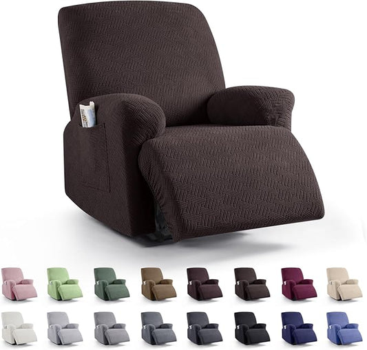 KinCam Recliner Chair Covers, Stretch Reclining Cover, Recliner Sofa Slipcovers Stripe Jacquard Recliner Couch Covers Furniture Protector Covers for Pet Kid (1 Seater, Chocolate)