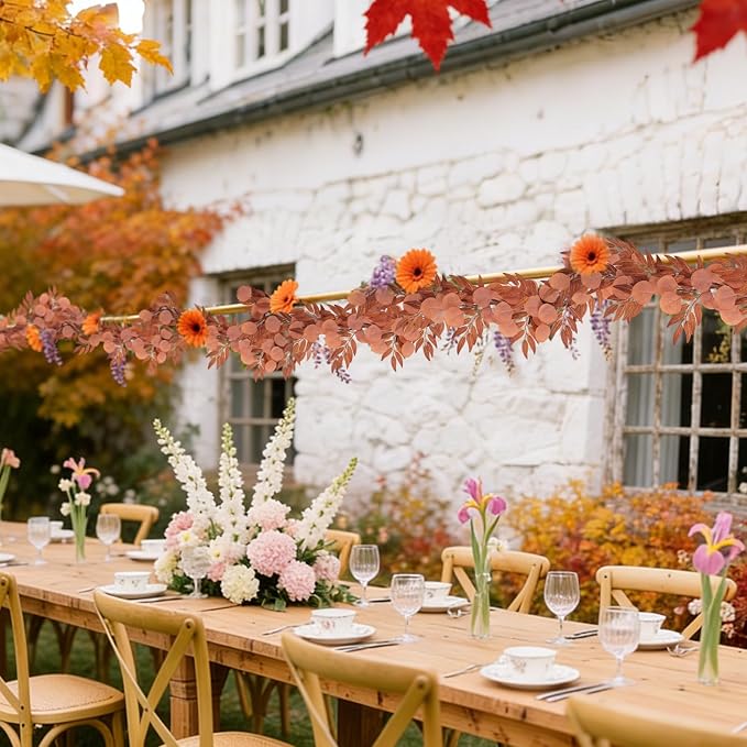 RECUTMS 2Pcs Artificial Fall Eucalyptus Garland with Willow Leaves 6Ft Hanging Silk Orange Leaf Vine Greenery Faux Ivy Plants Indoor Outdoor Home Office Party Wedding Table Arch Fireplace Autumn Decor