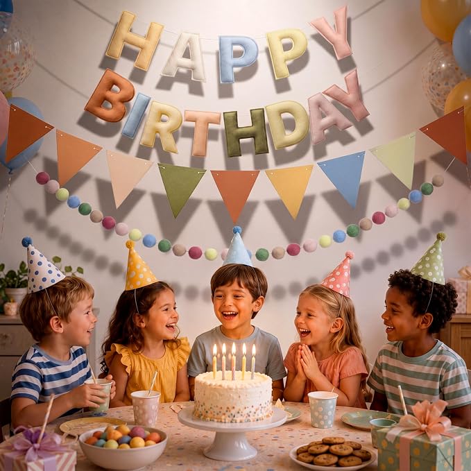 Pre-Strung Happy Birthday Banner Boho Reusable Felt Birthday Party Decorations 3D Effect HappyBirthday Sign with Felt Ball Garland, Pennant Flag for Men Women Boy Girls