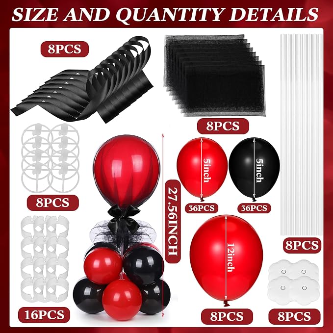 BBTO 8 Set Black and Red Table Centerpieces Balloons Stand Kit, Latex Balloons and Table Stand Holder with Base Tulle for Wedding Birthday Grad Prom Centerpieces Party Back to School Baby Shower