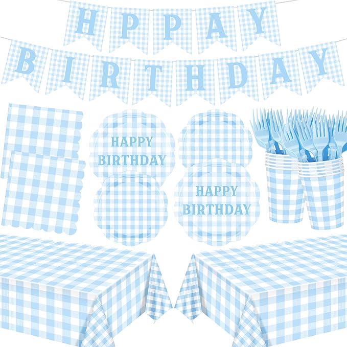 LemonRoad 128 Pcs Blue and White Birthday Party Decoration for 25 Guests, Gingham Checkered Light Blue Birthday Paper Plates Napkins Cups Tablecloth Forks Banner for Birthdays Picnic Party Supplies