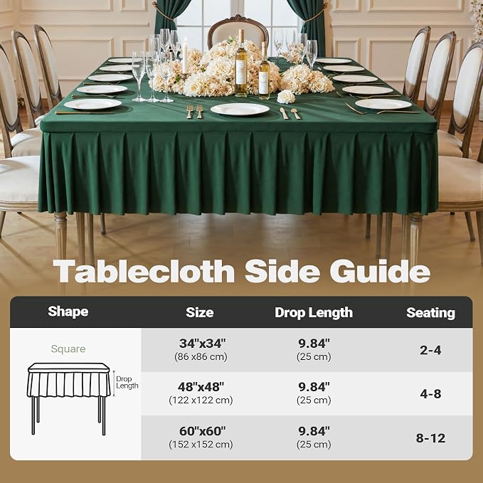 Shillance 48x48 Inch Green Spandex Square Tablecloth,Wrinkle Free Green Fitted Table Cloth for Square Tables,Washable Pleated Table Cover for Wedding Birthday Cocktail Party Buffet Dinner Camping