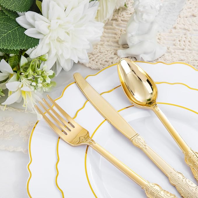 Liacere 175pcs Gold Plastic Plates - White and Gold Disposable, 50PCS Plastic Dinner Plates, Perfect for Wedding & Party & Holiday & Mother's Day & Easter Day