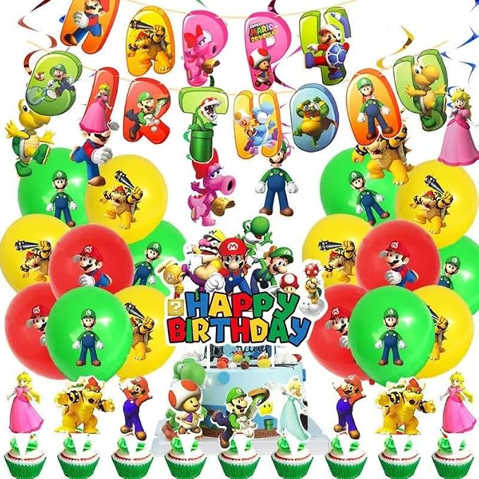 44 Pack Super Brothers Party Supplies Kit Set Include Banner ,Spiral flagpole,Cake Topper,cupcake toppers ,Balloons for Party Decorations (White-9)