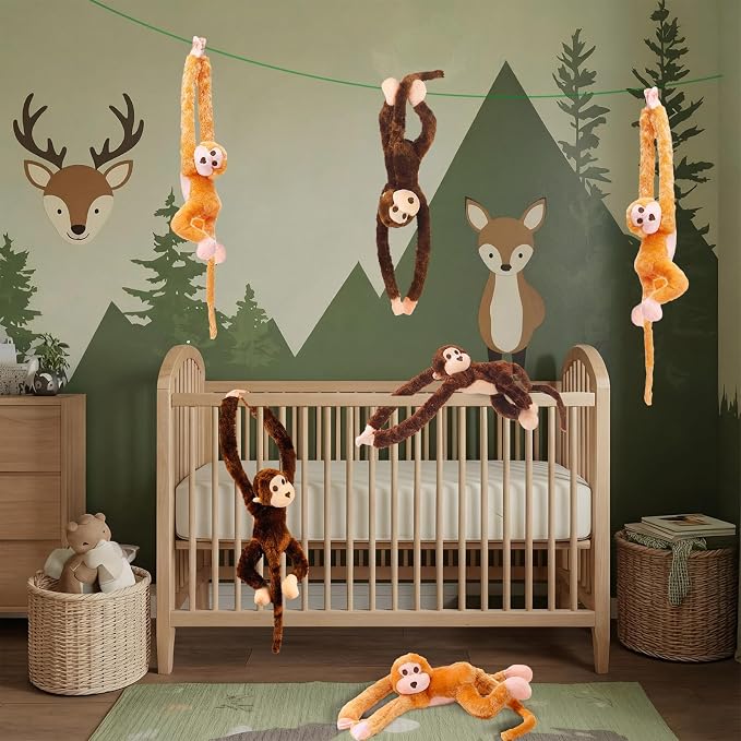 Hungdao 6 Packs Hanging Monkey Stuffed Jungle Animal Toy with Hook and Loop Jungle Party Hanging Plush Monkey for VBS Sunday School Classroom Party Decorations (24 Inch,Multicolor)
