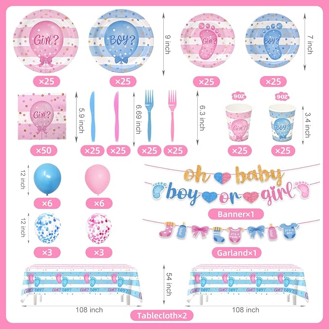 322Pcs Gender Reveal Decorations Kit (Serves 50 Guests) - Girl or Boy Gender Reveal Decorations, Disposable Tableware with Plates & Napkins, Tablecloth, Banner for Baby Shower