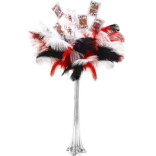 Giegxin 30 Pcs Natural Ostrich Feather Making Kit Casino Theme Ostrich Plume for Las Vegas Party Decoration Halloween Wedding Centerpieces Decor Floral Arrangement Vase (White,Black,Red,12-14 Inch)