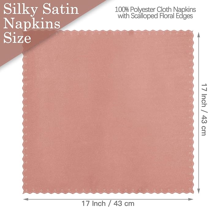 Homiest Rose Gold Satin Napkins - 100 Pack, 17x17 Inches, Scalloped Square, Elegant Wedding & Party Napkins