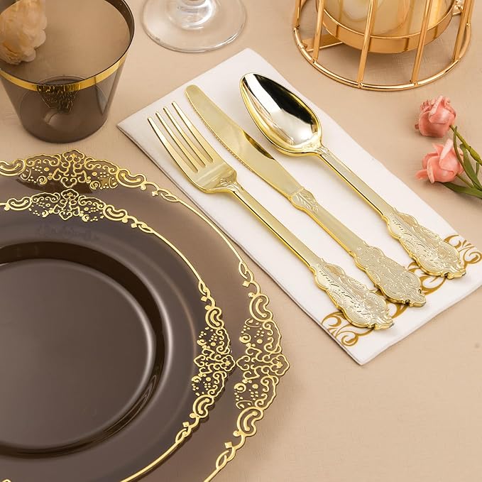 Bestluck 350PCS Clear Black Plastic Plates for 50 Guests, Disposable Plates with Gold Trim include 50 Dinner and Dessert Plates, 150 Gold Silverware, 50 Cups, 50 Napkins for Party & Graduation