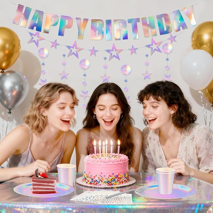 Iridescent Party decorations Kpop Birthday Decorations Holographic Party Supplies Iridescent Plates Cups Napkins Tablecloth Birthday Banner Star Garland Streamer Disco Kpop Party Serve 24