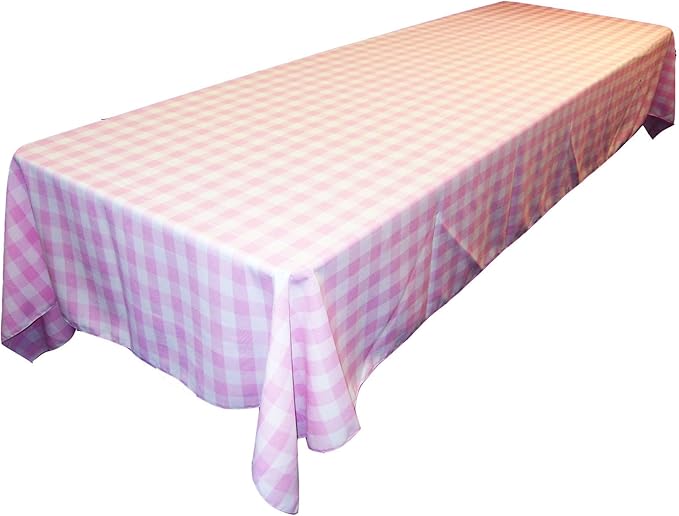 LA Linen Polyester Gingham Checkered 60 by 84-Inch Rectangular Tablecloth, White and Pink
