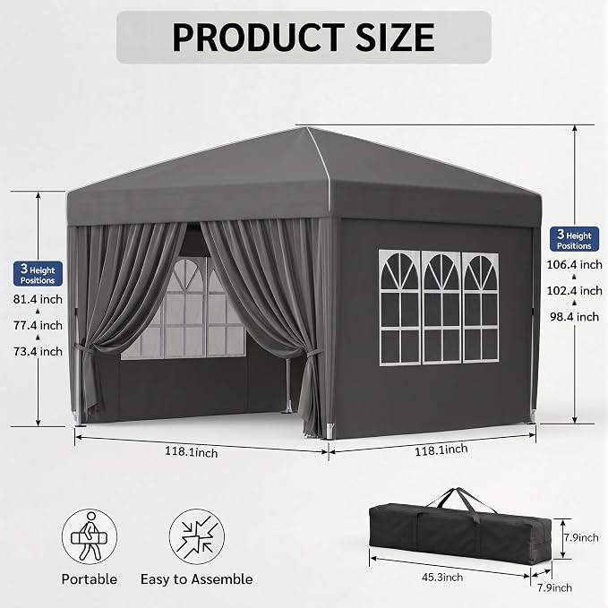 KIGOTY 10x10 FT Portable Pop Up Canopy Tent, Adjustable Height Instant Gazebo with Sidewalls, One-Push Setup Outdoor Canopy for Camping, Parties, Vendor Events (Grey with Reflective Strip, 3m × 3m)