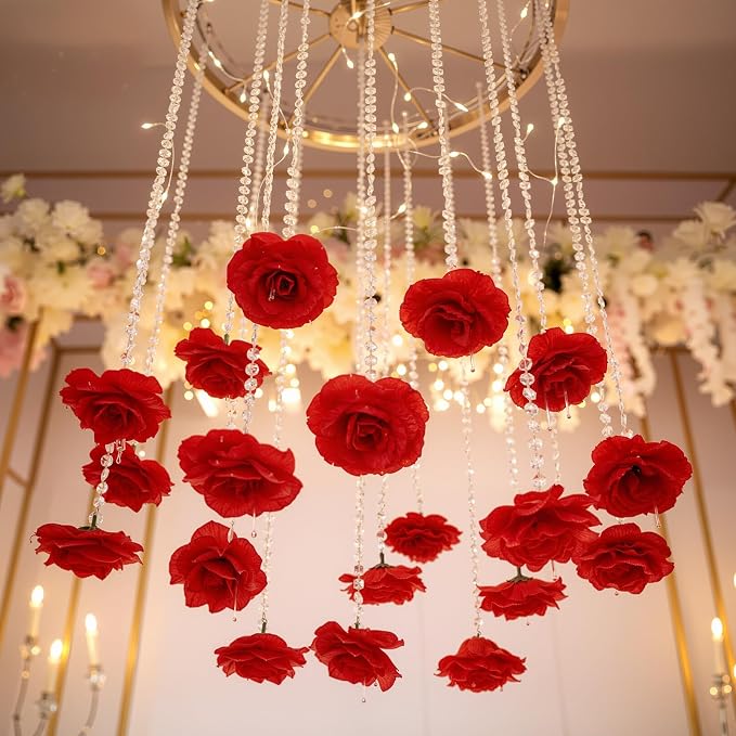 Norme 16pcs 31.4 Inch Red Rose Hanging Garland Crystal Beaded String Garland Artificial Rose Flower Decor for Mother's Day Ceiling Wedding Engagement Bridal Shower Party Decorations