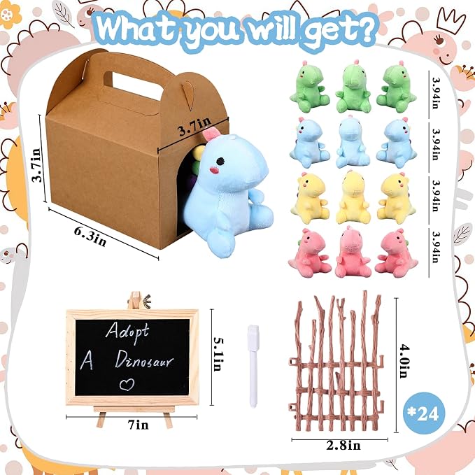 Adopt A Dinosaur Party Favors Mini Plush Stuffed Animals Set with 12 Plush Dinosaur Mini Fence Blackboard Kraft Paper Box for Adopt An Animal Themed Birthday Party