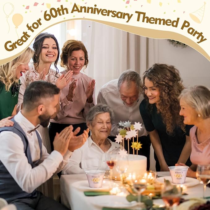 LemonRoad 100 Pack 60th Birthday Cup 9 oz Cheers to 50 Years Birthday Disposable Clear Plastic Cocktail Cups Hot Cold Beverage Drinks for Men Women Wedding Anniversary Decorations Party Favors