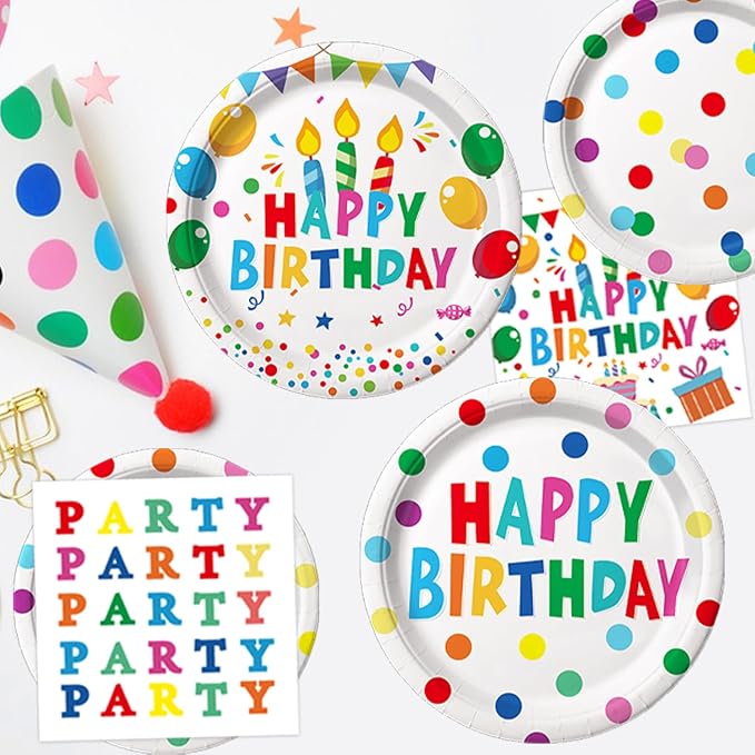 Happy Birthday Decorations - Colorful Dots Birthday Party Supplies Includes Plates, Napkins, Cups, Cutlery, Banner, Hanging Swirl, Tablecloth, Balloons for Birthday Decorations, Serves 24